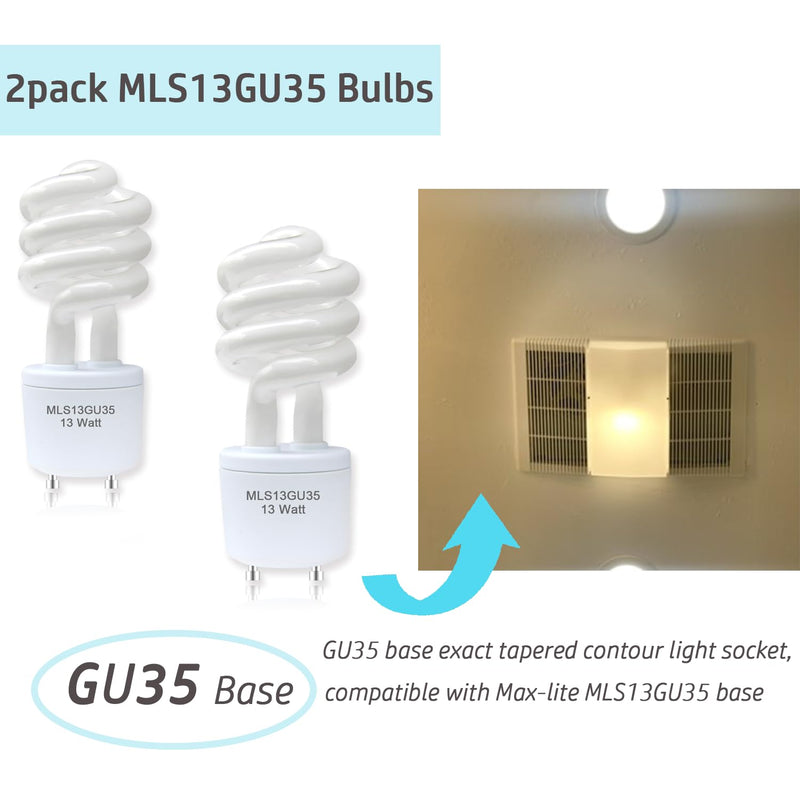 2pack 13Watts MLS13 GU35 3500K Soft White Spiral Light Bulb Replacement for Panasonic VQL5 Bathroom Exhaust Vent Fan,Compatible Maxlite mls13guww