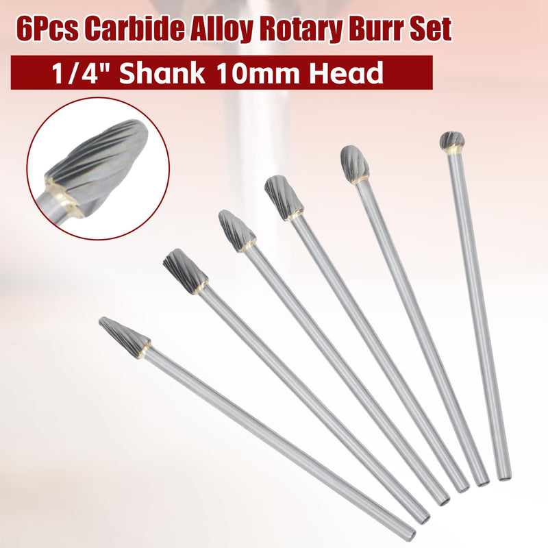 findmall 6Pcs Carbide Alloy Rotary Burr Set 6mm(1/4") Shank 10mm Head 150mm Length for DIY Woodworking Metal Carving Polishing Engraving Drilling