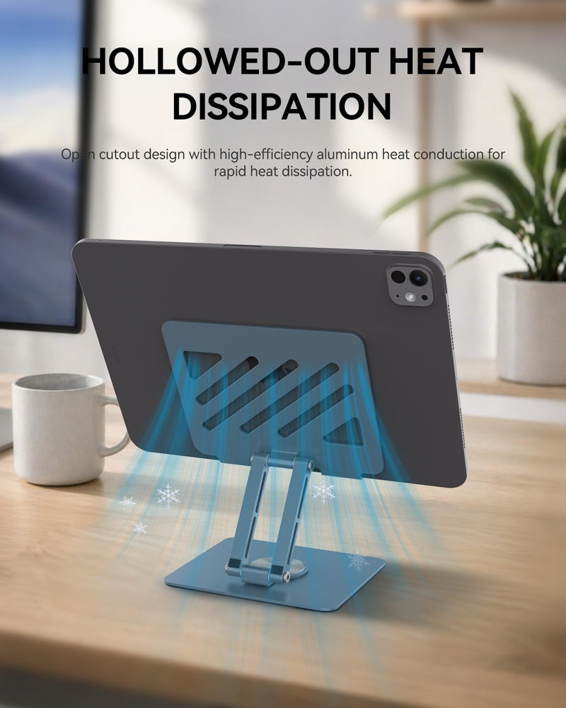 TIGRIS 360° Rotating Tablet Stand for iPad, Foldable Aluminum Desk Stand with Height & Angle Adjustment, Portable Holder for Office, Meetings, Kitchen, Compatible with iPad, Kindle, Surface, Gray