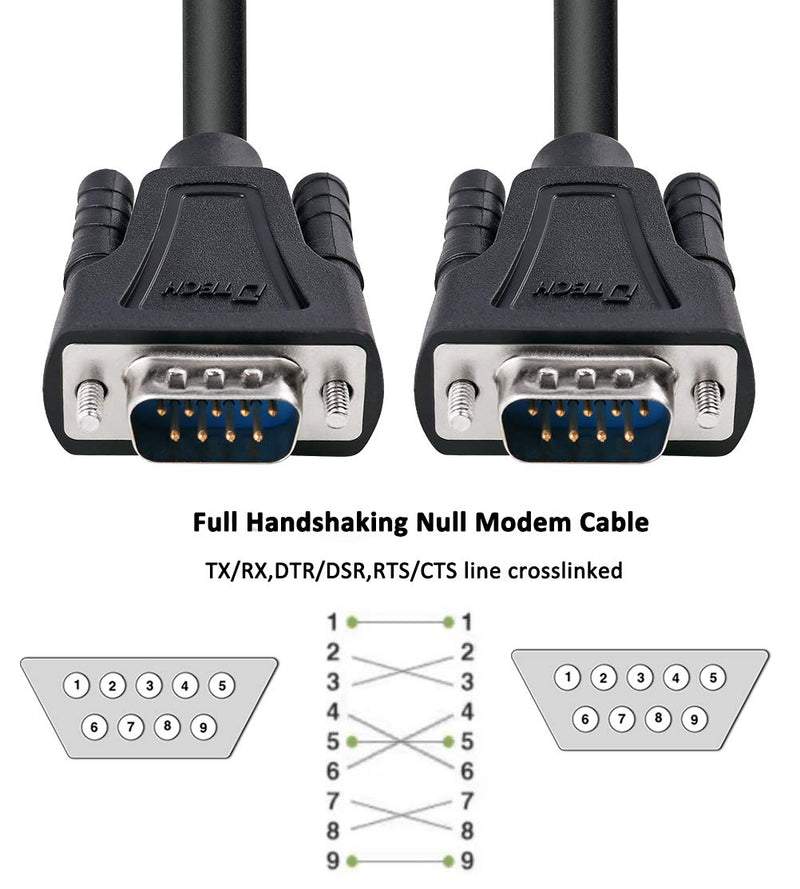 DTech DB9 RS232 Serial Cable Male to Male Null Modem Cord Full Handshaking 7 Wire Crossover for Data Communication (1.5 Feet, Black) 1.5ft