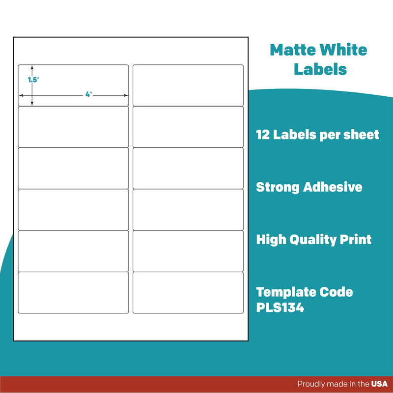 Premium Label Supply White Sticker Address Labels – 4" x 1.5" – Laser/Inkjet Compatible – (12 per Sheet), 25 Sheets – 300 Total Adhesive Labels 300 Labels