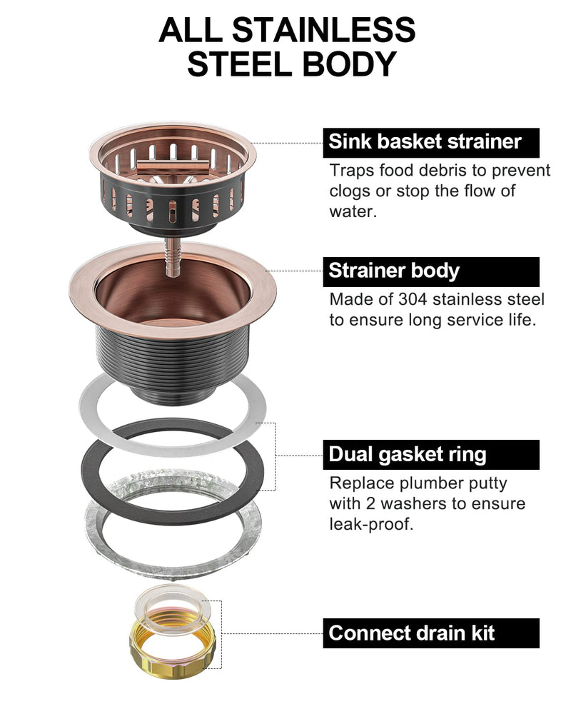 BOTEMY B9171 Copper Kitchen Sink Drain Kit 3 1/2 Sink Strainer for Kitchen Sink with Stainless Steel Strainer Stopper Drain Assembly Basket Strainer Fit Standard Sink Drain Hole(Antique Copper) Antique Copper