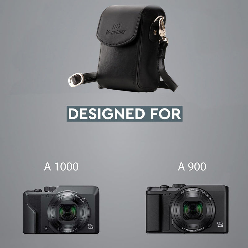 MegaGear Leather Camera Case Compatible with Nikon Coolpix A900, Ever Ready with Strap - Black One size