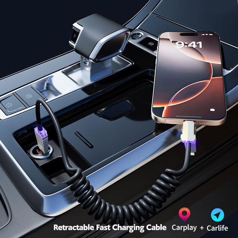 4 in 1 Spring Fast Charging Cable (2Pack), 240W USB-C PD Multi Fast Charging, 1.2m/5ft Coiled Retractable Cable for iPhone, Samsung, iPad, MacBook,Tablets - Black