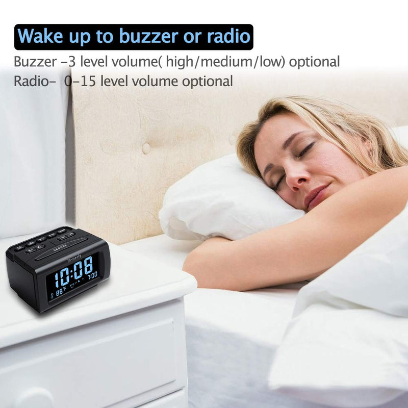 DreamSky Alarm Clock Radios for Bedrooms with Battery Backup, Large Big Numbers with Dimmer Wheel, USB Port, Bedside Digital FM Radio with Sleep Timer, Temperature, Adjustable Volume, Snooze Black