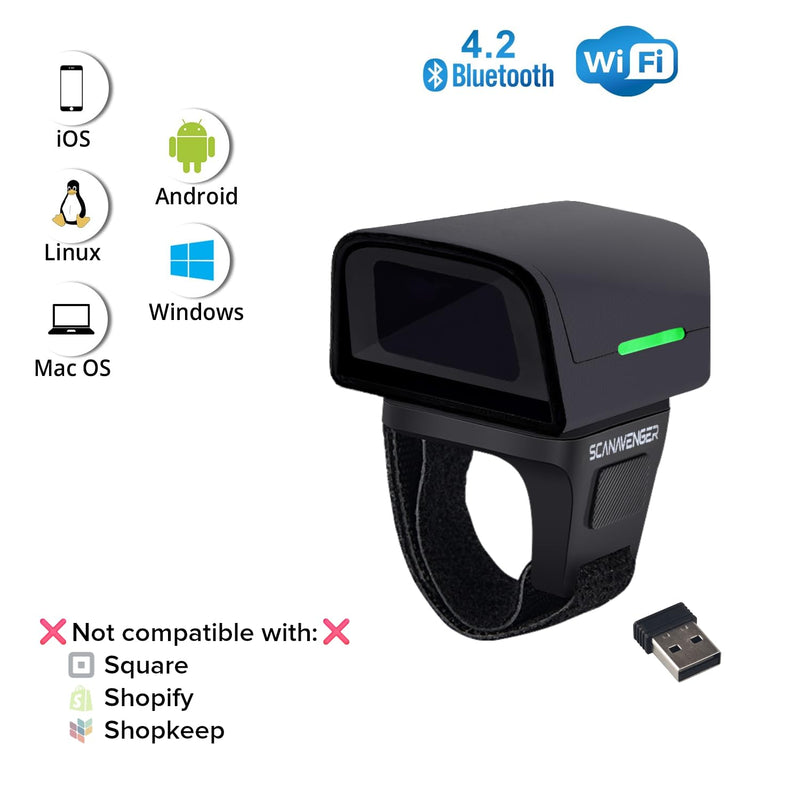 ScanAvenger 1D 2D QR Ring Barcode Scanner – Wearable Mini Bluetooth Wireless Finger Reader, USB & 2.4GHz, Compatible with iOS, Android, Windows, for Warehouse, Store & Inventory Use