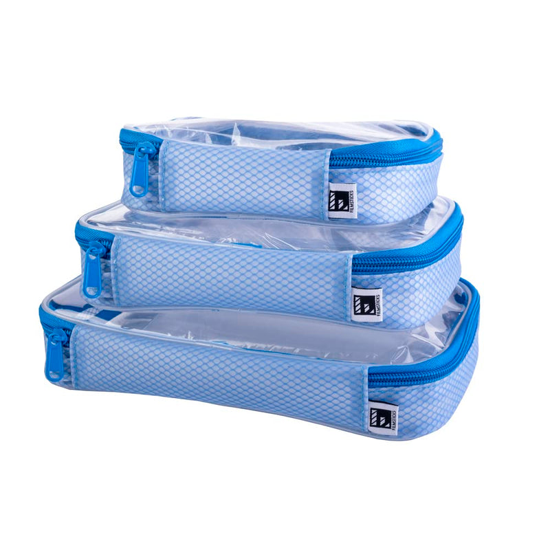 Set of 3 Transparent TPU Storage Cases, Blue, Small Medium Large, 170 x 50 x 135 mm to 250 x 50 x 160 mm, Clear Zip Organisers for Camera Gear, Cables, Tools and Accessories