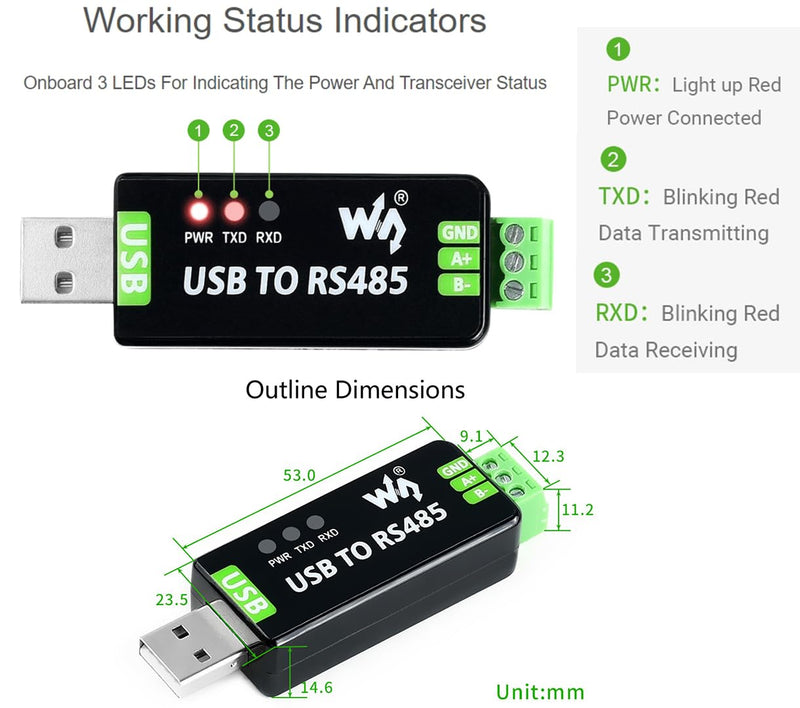  [AUSTRALIA] - Waveshare 2PCS Industrial USB to RS485 Bidirectional Converter Adapter Board with Original FT232RNL and SP485EEN Chip Fast Communication up to 1.2km Transmission Distance Embed Protection Circuits