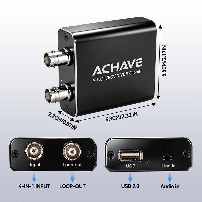 ACHAVE 4-in-1 BNC Video Capture Card with Loopout, AHD/TVI/CVI/CVBS to USB 2.0 Capture Adapter, 1080P Signal Grabber with Audio Input for CCTV Camera, DVR, Game Console, Camcorder, PC/Laptop Recording