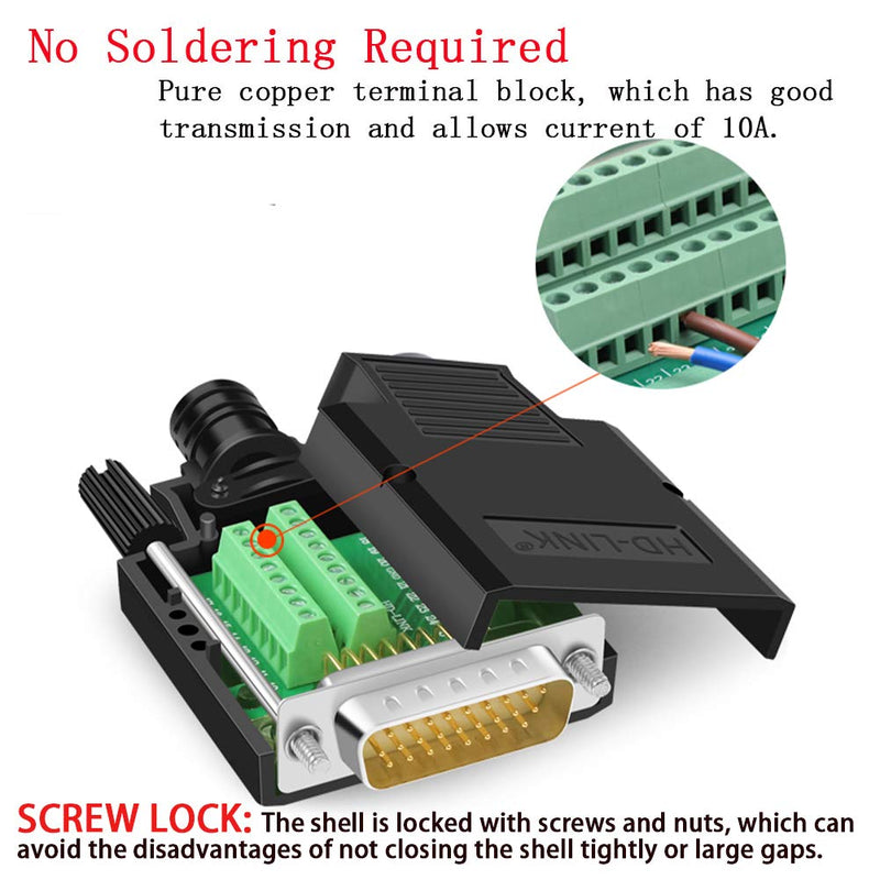 DB26 Breakout Connector, Solderfree RS232 D-SUB Serial to 26-Pin Port Terminal Male Adapter Pure Copper Core Gold Plated Connector with Case