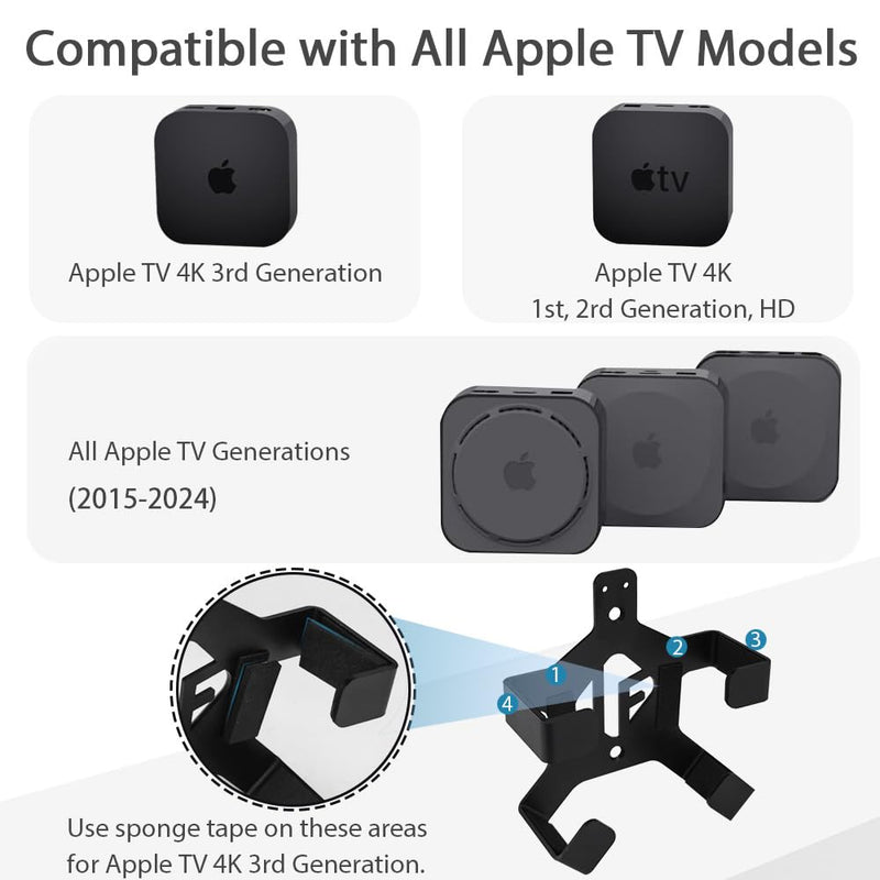 IFCASE Wall/Under Desk/Back of TV Mount Compatible with All Apple TV Generations (Including All 4K Models) (Black) Black