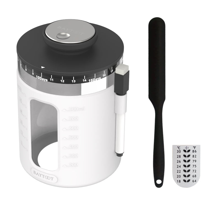 Sourdough Starter Jar Kit 33oz – Wide Mouth Sourdough Fermentation Jar, Upgraded 2026 Sour dough Container Reinforced Thick Glass Base, Airflow Lid, Feeding Tracker & Thermometer (White) white