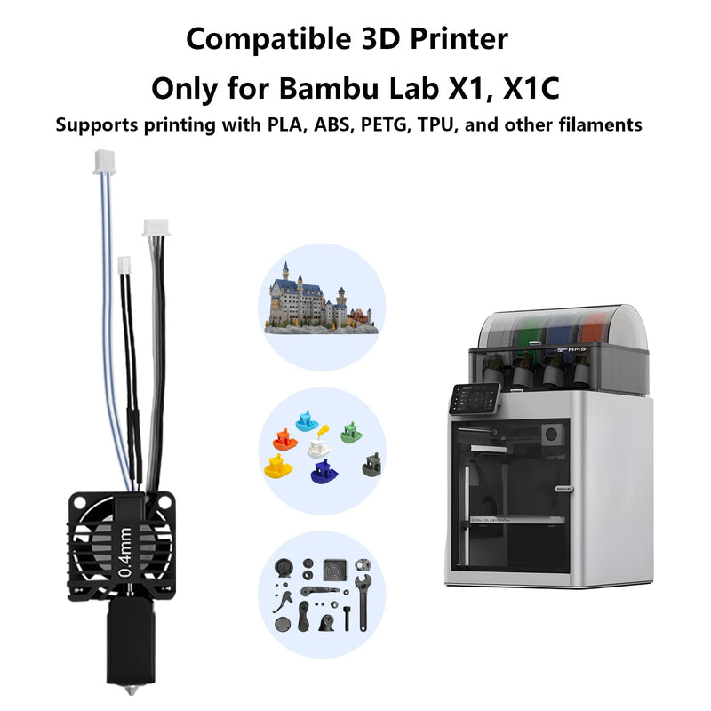 0.4mm X1 X1C Hotend Complete Kit, Full Assembly Hot End Print Head with Ceramic Heater, Thermistor, Cooling Fan, 0.4mm Hardened Steel Nozzle, Hotend Replacement for Bambu Lab X1/X1C 3D Printer X1 Series