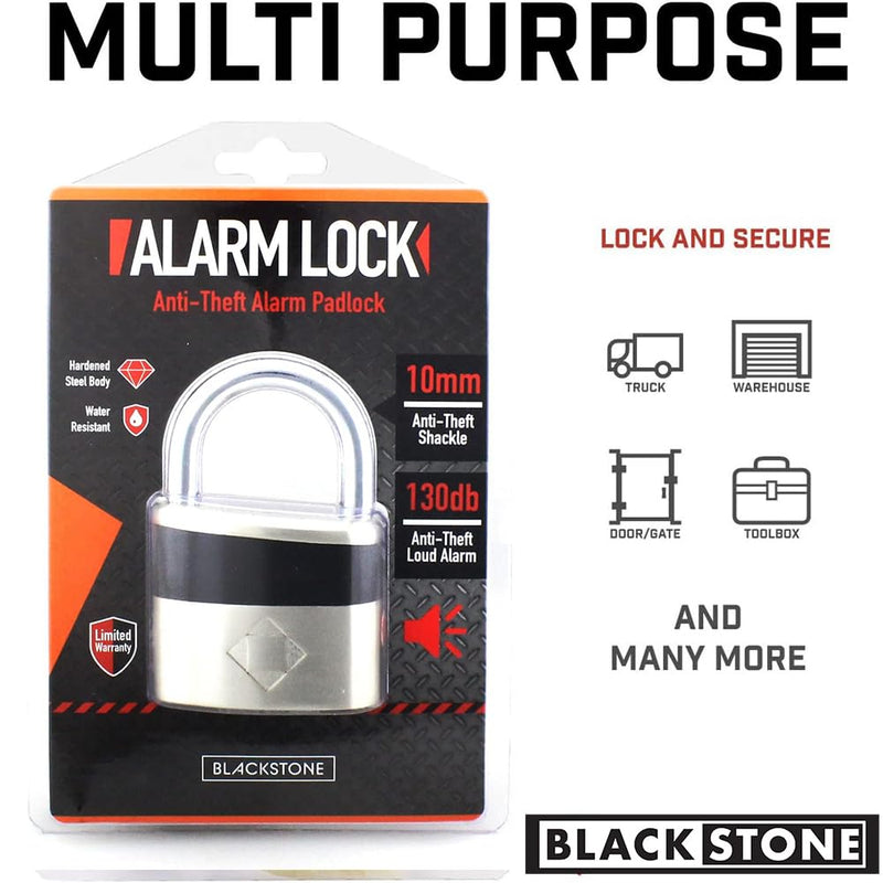 Blackstone Anti-Theft Loud 130db Alarm Padlock Weather Proof Heavy Duty Multi Purpose (10mm Shackle) 10mm Shackle