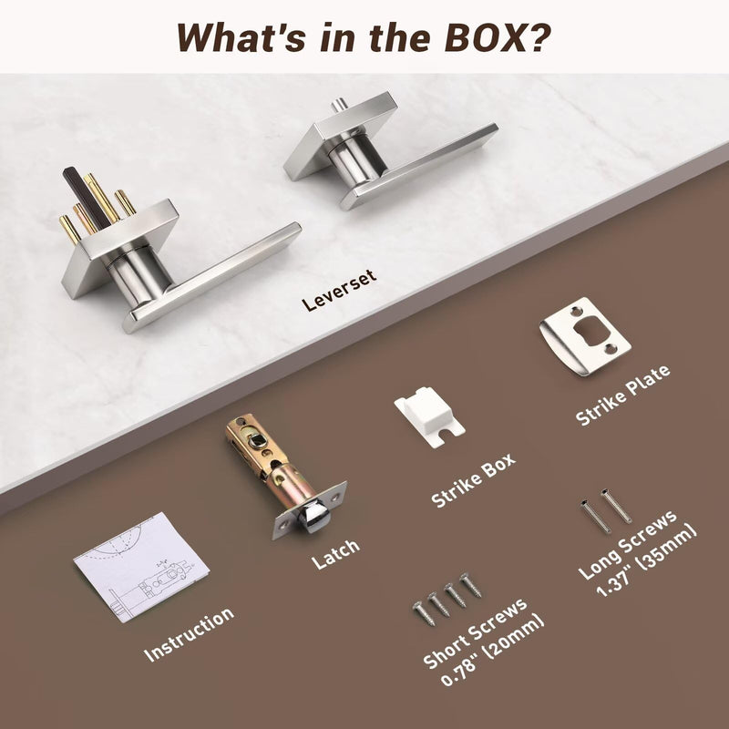 Knobonly 1 Pack Square Passage Door Levers Interior, Satin Nickel Door Handles, Hallway Closet Door Handlesets Indoor, Keyless Door Knobs Reversible for Right & Left