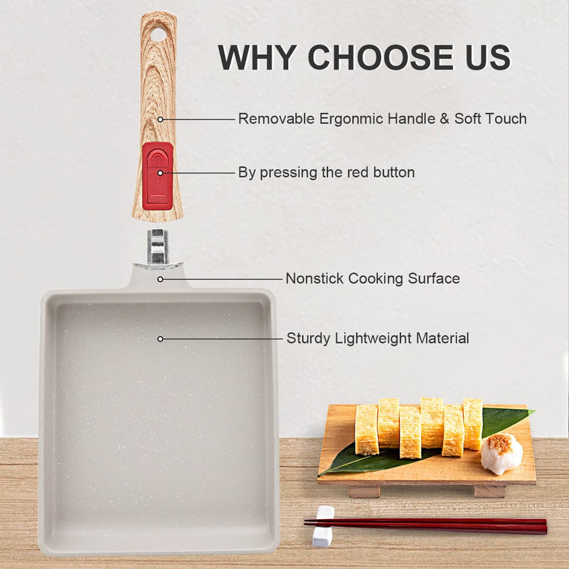 AIKENBBKK Tamagoyaki Japanese Omelette Pan, Japanese Egg Pan, Square Egg Pan Nonstick, Induction-Ready, Detachable Handle, with Silicone Spatula, PFAS & PFOA-Free, Oven Safe, White, 9" x 8.2" L