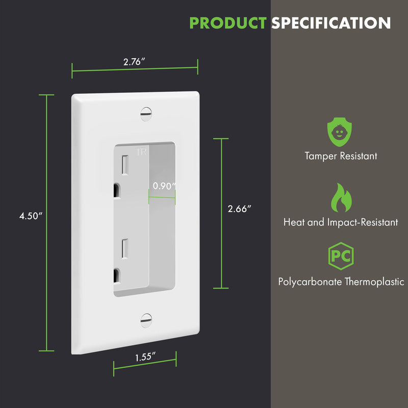 TOPGREENER Recessed Duplex Receptacle Outlet, Tamper-Resistant, Size 1-Gang 4.48" x 2.76", 15A 125V, TG15RD31-6PCS, White, 6 Pack Recessed Outlet 6 Pack
