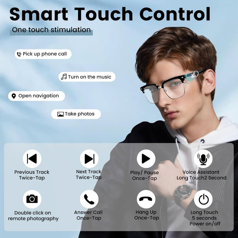 Smart Bluetooth Glasses,for Men & Women, Touch Control, Outdoor UV Protection and Voice Control, Hands-Free Calls (E1306-Black Transparent) E1306-Black transparent