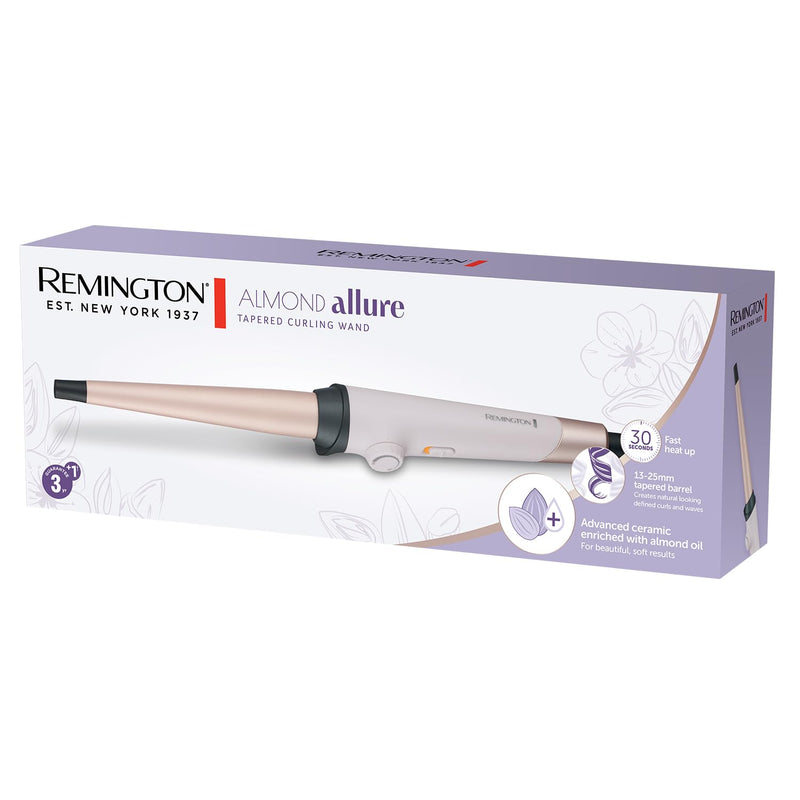Remington Almond Allure Curling Wand, 13–25mm Tapered Barrel, Cream | Advanced Ceramic Plus Almond Oil, 30 Heat Settings, Fast Heat-up, Worldwide Voltage, CI4807 Model