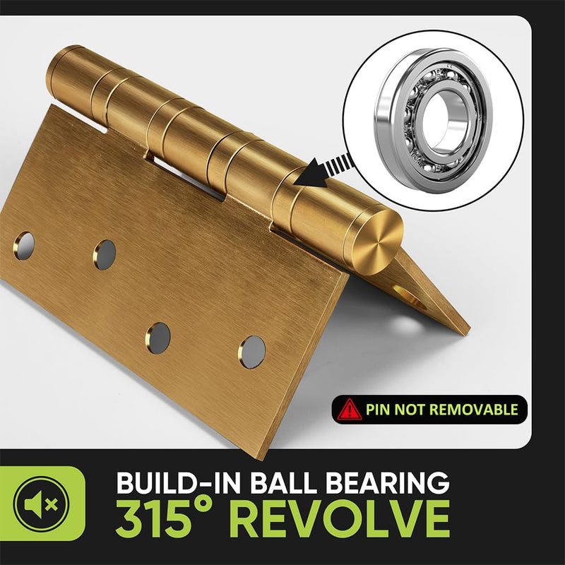 3 Pack Ball Bearing Door Hinges,4in x 4in Door Hinges,Heavy Duty Stainless Steel Door Hinges for Exterior & Interior Doors,Smooth and Quiet, Non Removable Pin (Brass) Brass 3