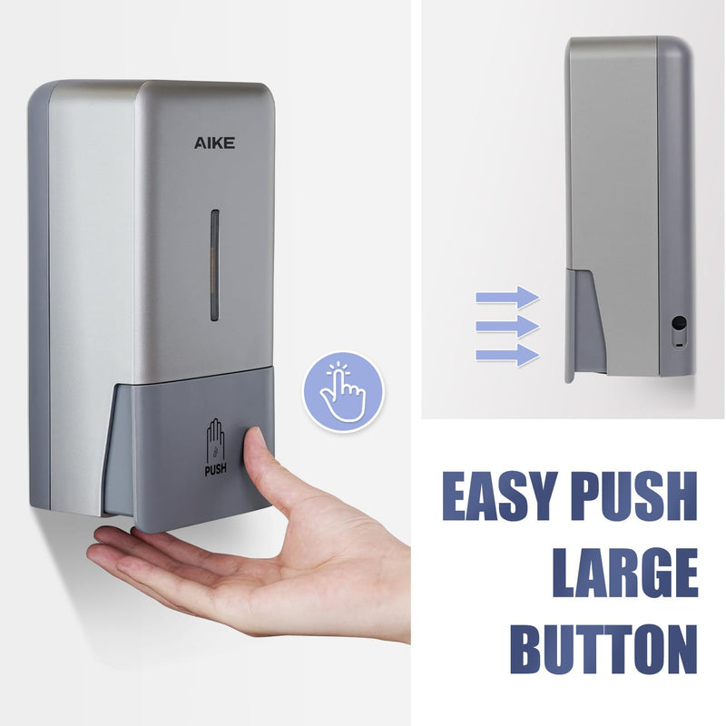 AIKE Wall Mount Liquid Soap Dispenser for Commercial Bathroom 27oz Large Capacity Manual Push Pump Silver