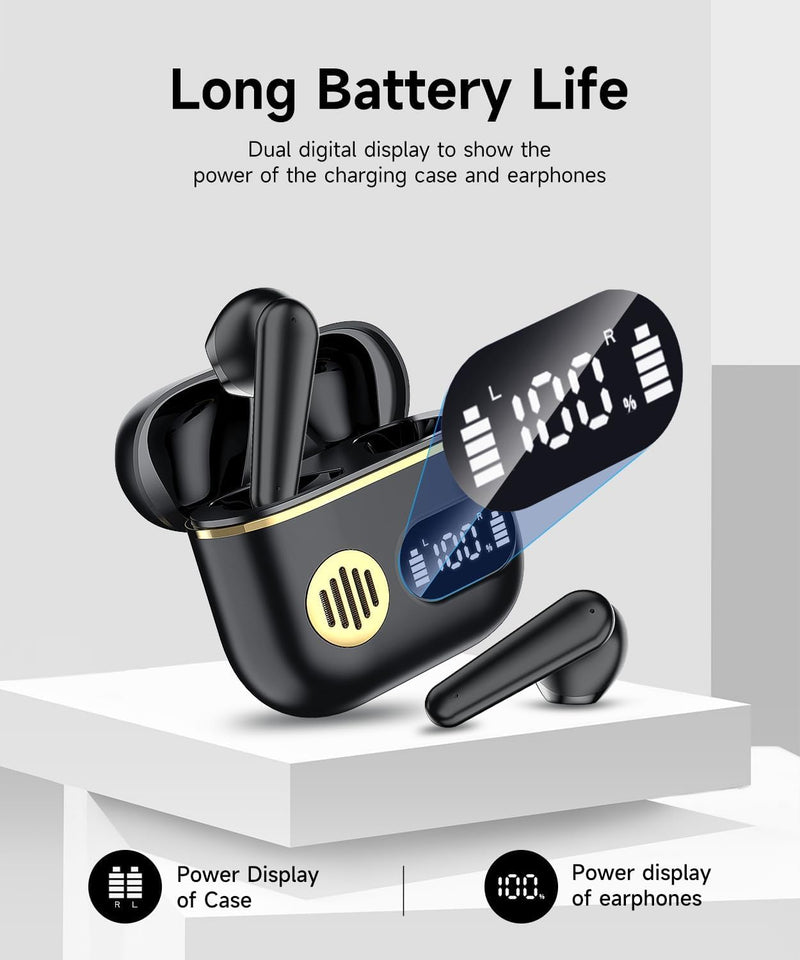 CoolJumper Wireless Bluetooth 6.1 Earbuds with Real-Time AI Assisted Translation, Digital LED Charging Case Waterproof Sport in Ear Headphones for Travel Gym Running Solid black