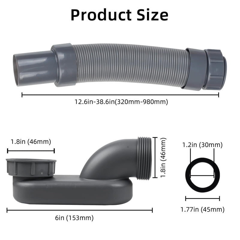 Flexible Freestanding Tub Drain Kit, Low Profile Flat P Trap for 1 1/2" Bathtub & Shower Drain Pipe, Easy Install, Fits Freestanding Bath Tubs, PVC Drain Hose Included One end gray thread