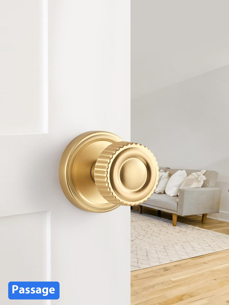 Brushed Gold Passage Door knob, Interior Door Handle Gold Doorknob | Hall Closet Hallyway Kitchen Pantry Laundry Room, Aluminium Alloy Knob, 1 Pack Brushed Gold
