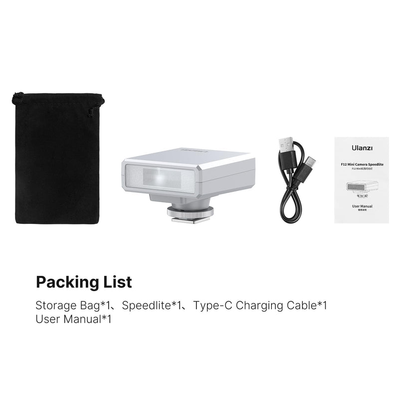 Ulanzi F12 Mini Camera Flash Speedlite, GN12 CCT 5600K for Canon Sony Fuji | Single Contact Universal Hot Shoe Mount Flash, USB Charging, For DSLR Camera, Outdoor Portrait Fill Lighting Product Shooting White
