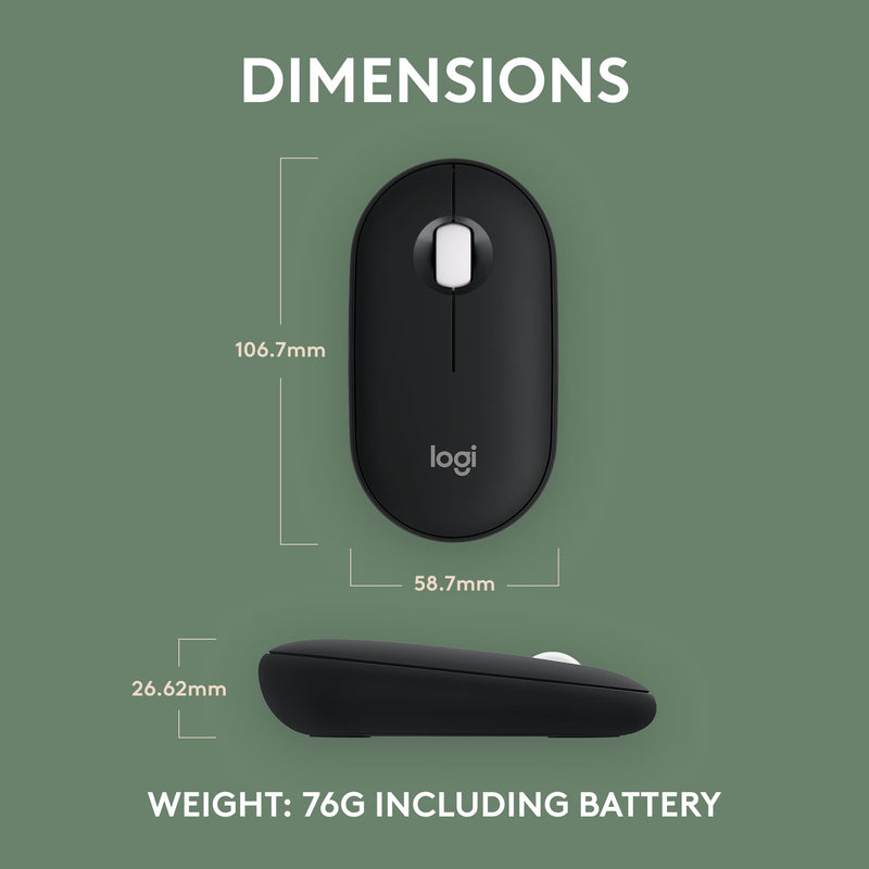 Logitech Pebble Mouse 2 M350s Slim Bluetooth Wireless Mouse, Portable, Lightweight, Customizable Button, Quiet Clicks, Easy-Switch for Windows, macOS, iPadOS, Android, Chrome OS - Black Pebble 2