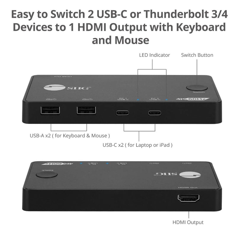 SIIG 2 Port USB-C KVM Switch - 2 Computers to 1 Monitor - 2X USB-A + 2X USB-C - Single 4K 60Hz HDMI, USB-C Bus Powered, Button Control, Thunderbolt 3 Compatible (CE-KV0B11-S1)