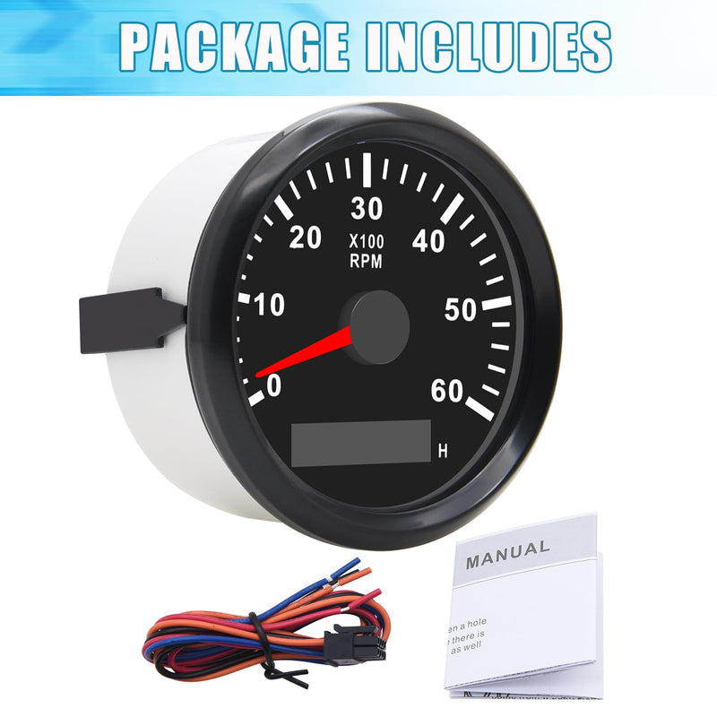 Geloo 85MM Marine Tachometer Outboard Waterproof 6000RPM Boat RPM Tacho Meter with LCD Digital Hour Meter Red Backlight for Car Truck Diesel Engine 9-32V Black