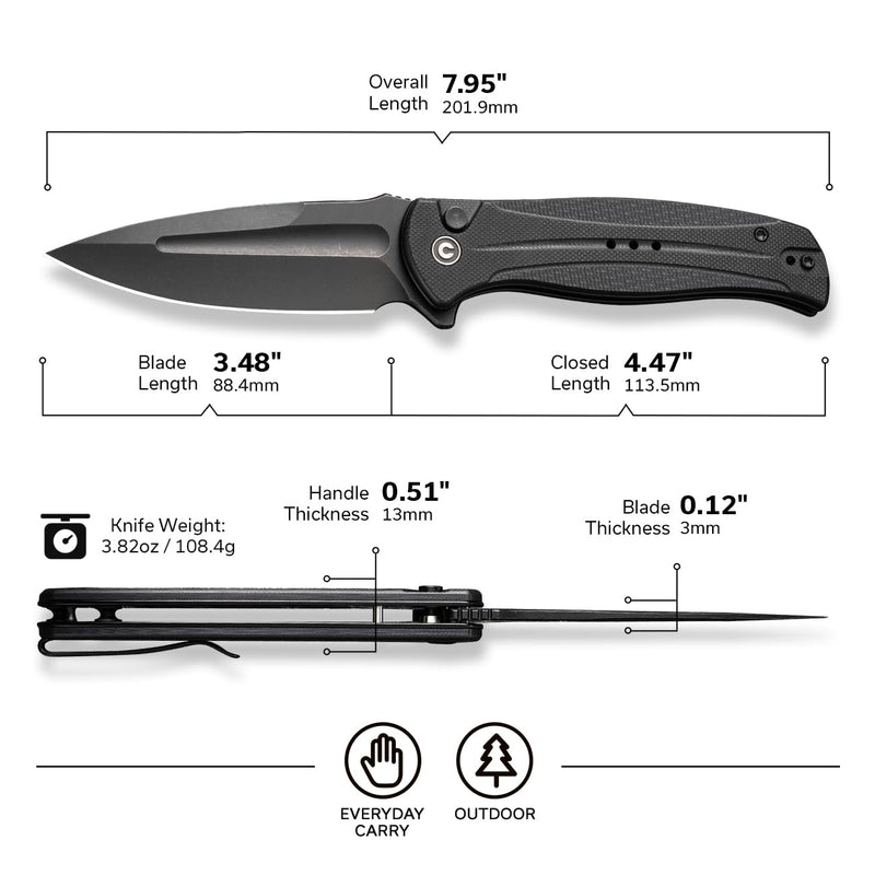 CIVIVI Incindie Pocket Knife for Men, Folding Knife with 3.48" 14C28N Blade Milled G10 Handle for EDC C23053-1 (Black) Black