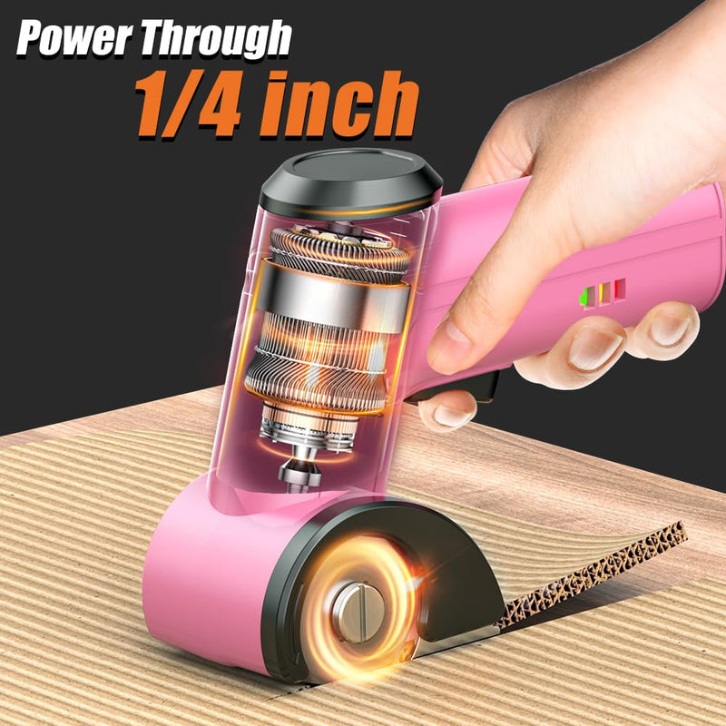 KOMAX Cordless Electric Scissors,4V Cardboard Cutter with 3 Blades,Rechargeable 2000mAh Battery,Storage Box,Fabric Scissors Electric Box Cutter for Cardboard,Leather,Carpet,Fabric,Plastic - Pink