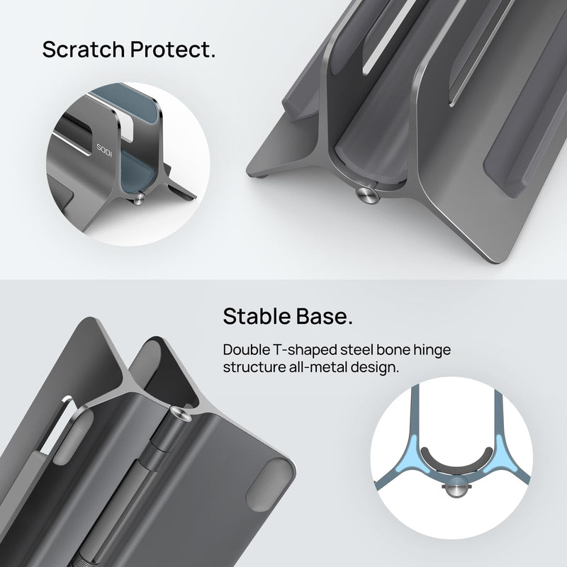 SODI Vertical Laptop Stand for Desk, Gravity Auto Lock MacBook Stand, Aluminum Laptop Holder Vertical Compatible with MacBook Pro, Air, Tablet, Space-Saving Organize Work & Home Office, Gray Space Grey