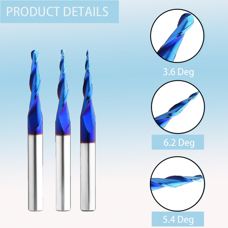 STQ624 Ballnose Upcut CNC Spiral Router Bit 1/4" Shank 2D & 3D Carving 3.6 6.2 5.4Deg Tapered End Mill 1/8 Cutting Dia 1/32 Cutting Dia 1/16 Cutting Dia 1/16D+1/8D+1/32DX2-1/2OL