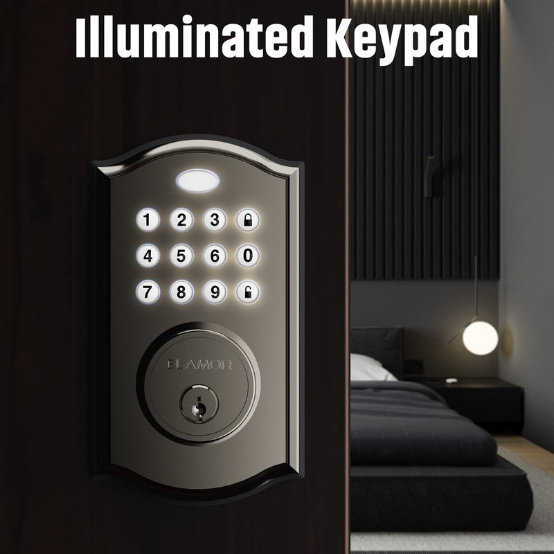 Keyless Entry Door Lock - Electronic Door Lock with Keypad, Smart Deadbolt Lock with Auto Lock, Security Waterproof Smart Lock, Easy to Install, Ideal for Front Door, Home Use, Apartment - ELAMOR M19 Sand Nickel