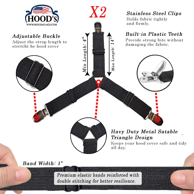 [Hood's Flags] Set of 2 Heavy-Duty Triangle Elastic Hood Cover Fasteners – Metal Clips with Bungee Cord for Car Hood Wraps