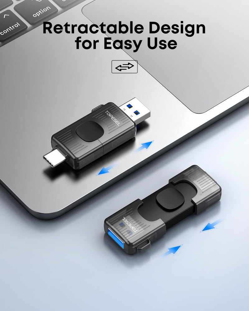 TOPESEL USB Drive 64GB USB C Flash Drive up to 110MB/s USB 3.2 Gen 1 Thumb Drive Push-Pull USB Stick Portable Memory Stick for iPhone 15/16/17 Android Smartphone Tablet Laptop Car Audio Smart TV Black 64GBX1