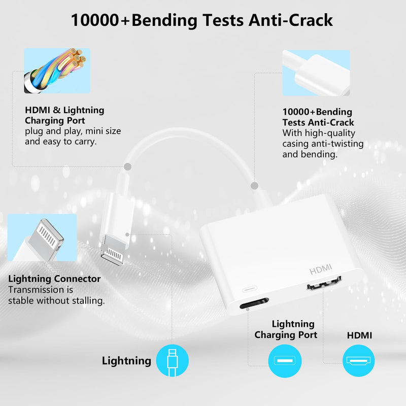 Lightning to HDMI Adapter for iPhone to TV, 1080P 4K@60Hz Video & Audio Sync Screen Converter Digital AV Adapter with Charging Port for iPhone 14 13 12 11 X 8 7 on HDTV/Projector/Monitor White