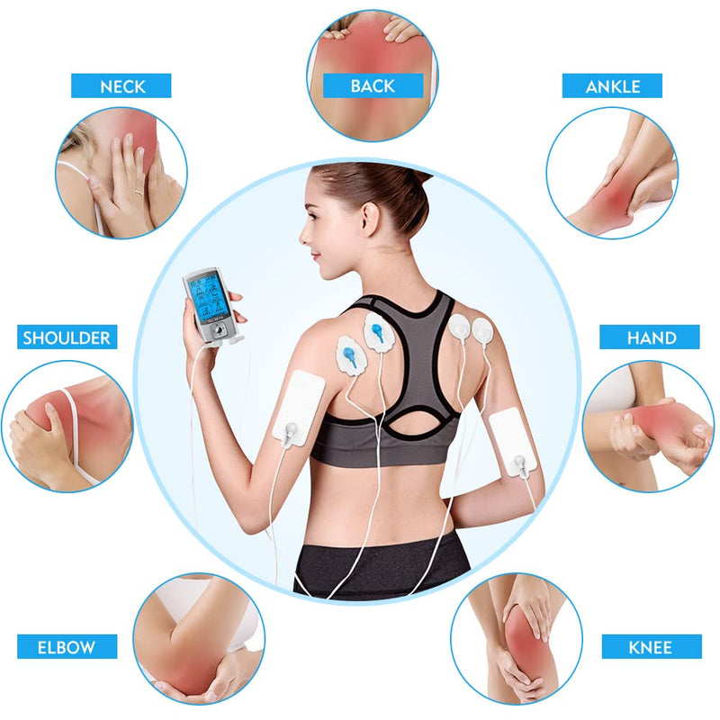 24 Modes Tens Unit Muscle Stimulator, Rechargeable Tens Machine with 8 Electrode Pads (American Gel), Electric Pulse Massager for Pain Relief Therapy(Silver) A-silvera