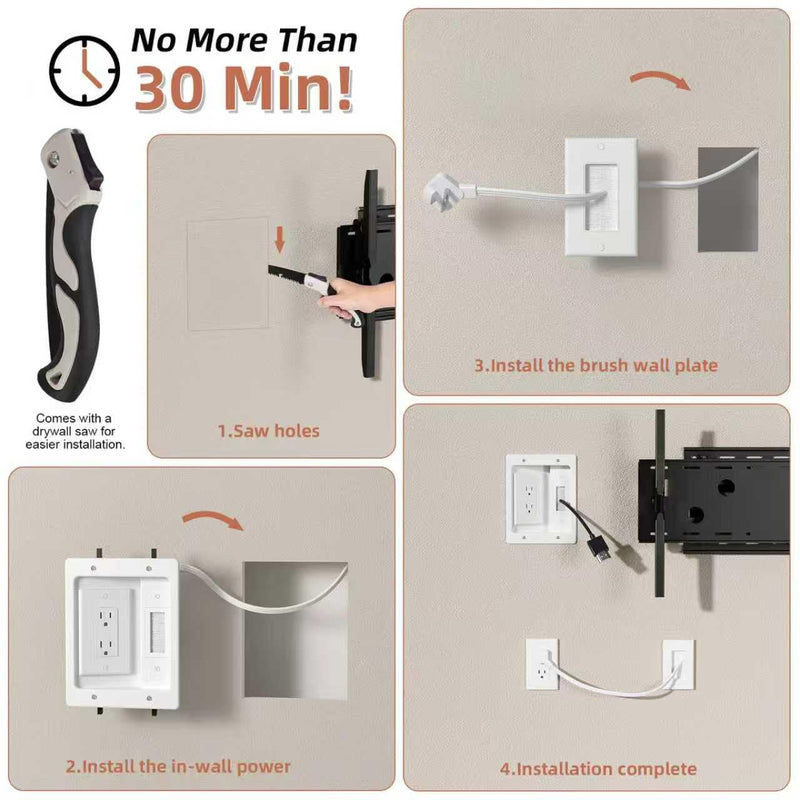 in Wall Cable Management Kit with Brush Wall Plate TV Wire Hider for Wall 2AC Recessed Outlet Box 9.8ft Cord for TV Gaming Consoles Soundbars Home Theater Setups (AC kit) AC kit