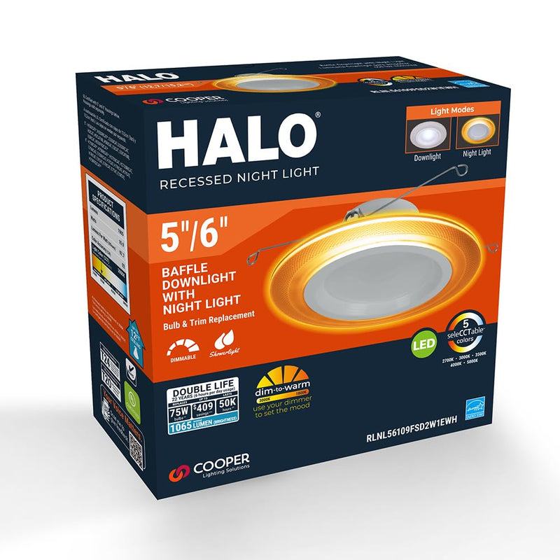 HALO RL Night Light 5/6 in LED Recessed Downlight with Night Light Mode, 1000 Lumens, Selectable CCT 2700K-5000K, Dim-to-Warm, Matte White - RLNL56109FSD2W1EWH 5/6 inch