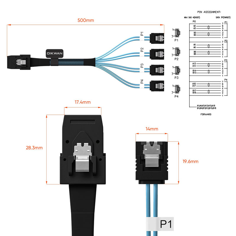 Mini SAS to 4 SATA Cable, 36 Pin SFF 8087 Host/Controller to 7 Pin SATA Target/Backplane, Compatible with PERC H310, RAID Controller (SFF-8087 to 4SATA Forward Breakout) 1.6 Feet 1.6ft
