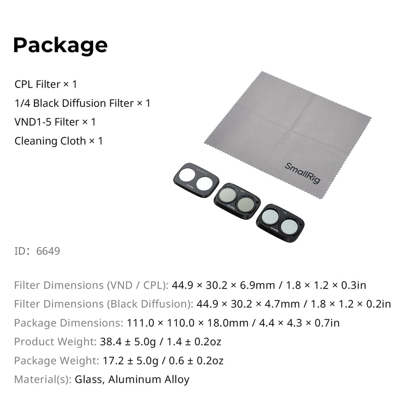 SMALLRIG VND 1-5 & CPL & Black Mist Filter Kit for DJI Osmo Pocket 4P | Pocket 4 Pro Accessories, ND2-32 & CPL & 1/4 Black Diffusion, Multi-Coated HD Optical Glass - 6649 VND1-5 & CPL & 1/4 Black Mist