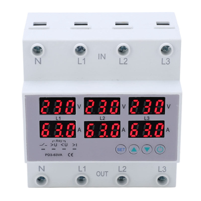 Digital 3 Phase DIN Rail Voltmeter Ammeter, AC230-300V Electricity Usage Monitor, Watt Kwh Frequency Power Factor Meter Multimeter Current Power Tester (63A)