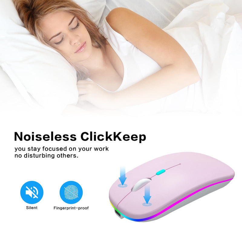 Wireless Bluetooth Mouse,LED Rechargeable Laptop Mouse.Portable Computer Mice use(BT5.2 and USB 2.4G) Dual Mode Connection,Silent,Slim,for Apple Laptop/ipad Tablet/Mac/PC. (Pink) Pink