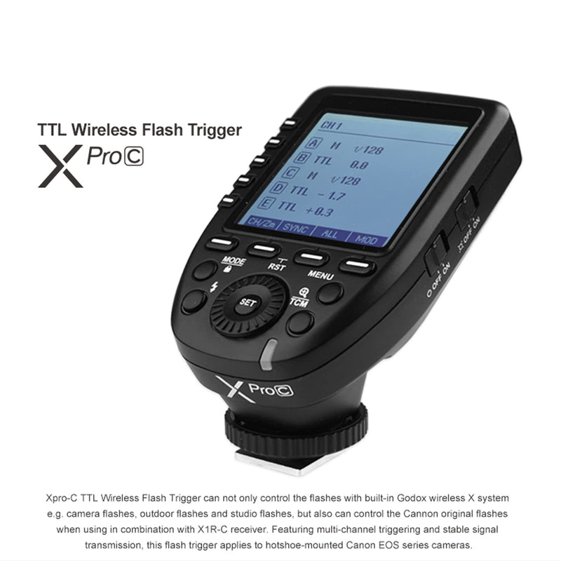 Godox Wireless Flash Trigger Transmitter - XPro-C Compatible with Canon Cameras,E-TTL 2.4G High-Speed Sync,1/8000s HSS 01-99 Wireless ID,LCD Screen,5 Dedicated Group 11 Customizable Functions