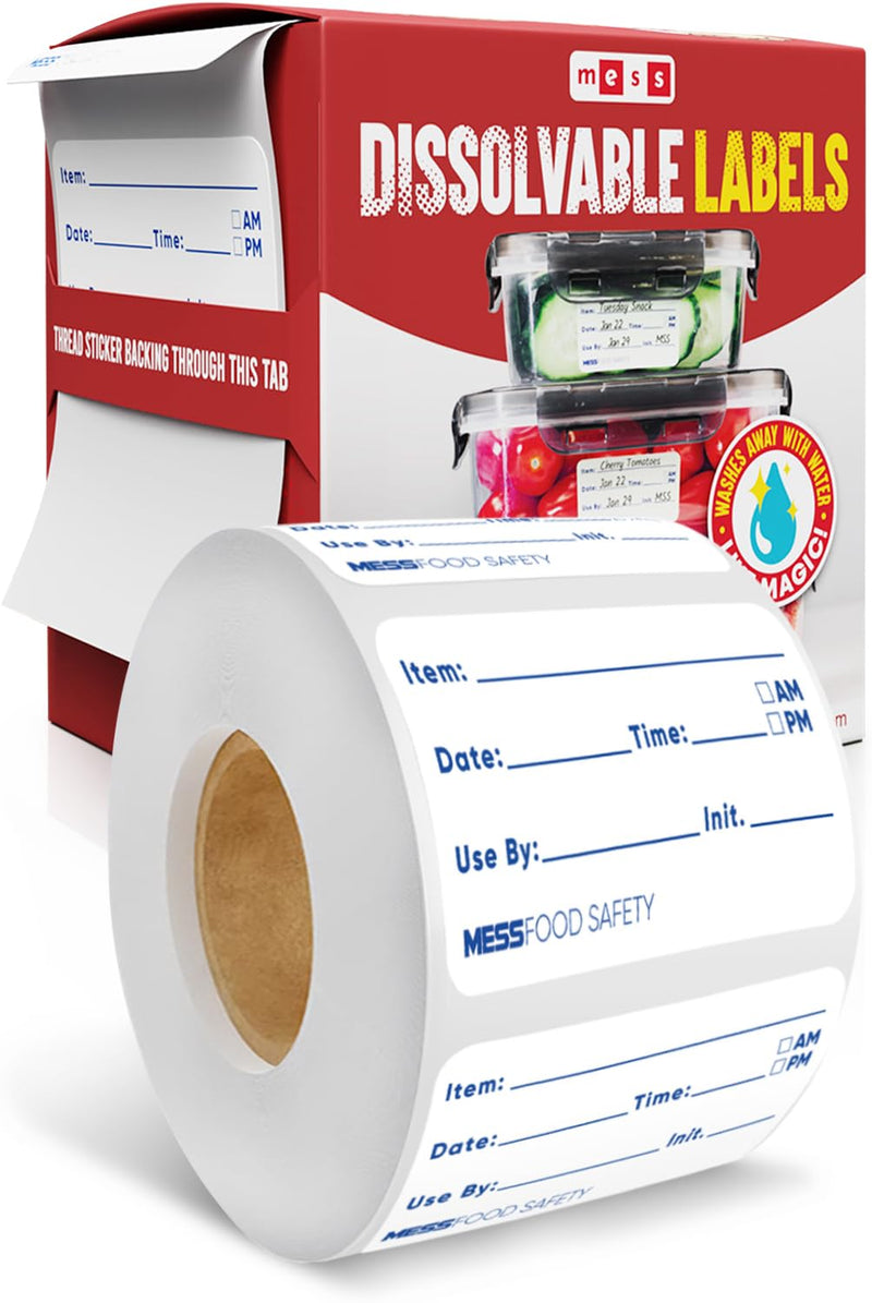 MESS Dissolvable Food Labels, 1x2, 200/Roll - Dissolves in 30 Seconds or Less - Removable Pantry, Meal Prep & Food Storage Labels – Canning & Freezer Use 1x2"