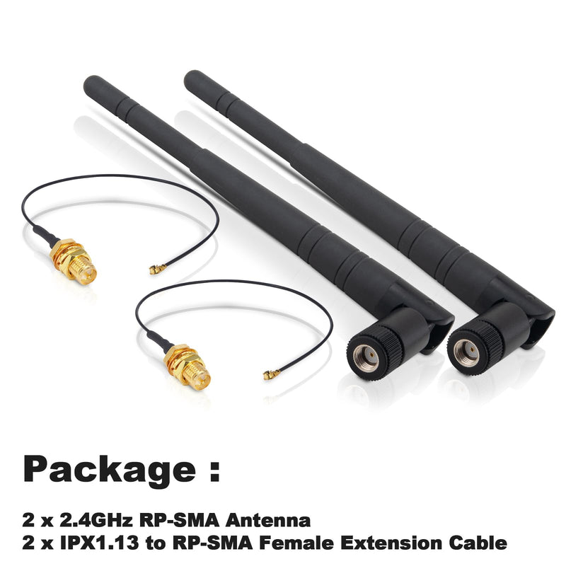WiFi Bluetooth Antenna 2.4GHz 3dBi RP-SMA Male Foldable Antenna + 17cm U.FL IPX to RP-SMA Female Pigtail Cable for Router Wireless Network Devices Desktop PC USB Adapter Security Camera 2Pcs